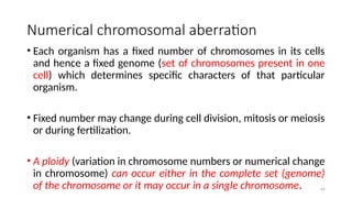 Numerical chromosomal aberration
• Each organism has a fixed number of chromosomes in its cells
and hence a fixed genome (set of chromosomes present in one
cell) which determines specific characters of that particular
organism.
• Fixed number may change during cell division, mitosis or meiosis
or during fertilization.
• A ploidy (variation in chromosome numbers or numerical change
in chromosome) can occur either in the complete set (genome)
of the chromosome or it may occur in a single chromosome. 44
 