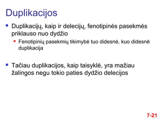 7-21
 Duplikacijų, kaip ir delecijų, fenotipinės pasekmės
priklauso nuo dydžio
 Fenotipinių pasekmių tikimybė tuo didesnė, kuo didesnė
duplikacija
 Tačiau duplikacijos, kaip taisyklė, yra mažiau
žalingos negu tokio paties dydžio delecijos
Duplikacijos
 