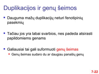 7-22
 Dauguma mažų duplikacijų neturi fenotipinių
pasekmių
 Tačiau jos yra labai svarbios, nes padeda atsirasti
papildomiems genams
 Galiausiai tai gali suformuoti genų šeimas
 Genų šeimas sudaro du ar daugiau panašių genų
Duplikacijos ir genų šeimos
 