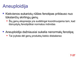 7-37
 Kiekvienos eukariotų rūšies fenotipas priklauso nuo
tūkstančių skirtingų genų
 Šių genų ekspresija yra sudėtingai koordinuojama tam, kad
išsivystytų fenotipiškai normalus individas
 Aneuploidija dažniausiai sukelia nenormalų fenotipą
 Tai įvyksta dėl genų produktų kiekio disbalanso
Aneuploidija
 
