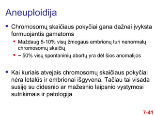 7-41
 Chromosomų skaičiaus pokyčiai gana dažnai įvyksta
formuojantis gametoms
 Maždaug 5-10% visų žmogaus embrionų turi nenormalų
chromosomų skaičių
 ~ 50% visų spontaninių abortų yra dėl šios anomalijos
 Kai kuriais atvejais chromosomų skaičiaus pokyčiai
nėra letalūs ir embrionai išgyvena. Tačiau tai visada
susiję su didesnio ar mažesnio laipsnio vystymosi
sutrikimais ir patologija
Aneuploidija
 