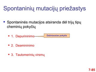  Spontaninės mutacijos atsiranda dėl trijų tipų
cheminių pokyčių
 1. Depurininimo
 2. Deamininimo
 3. Tautomerinių virsmų
Spontaninių mutacijų priežastys
7-85
Dažniausias pokytis
 