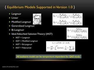 { Equilibrium Models Supported in Version 1.0 }
        Langmuir
        Linear
        Modified Langmuir
        Generalized Langmuir
        Bi-Langmuir
        Ideal Adsorbed Solution Theory (IAST)
            IAST + Langmuir
            IAST + Modified Langmuir
            IAST + Bi-Langmuir
            IAST + Polynomial




               All isotherm model can be temperature dependent for QbD study



www.chromworks.com
 