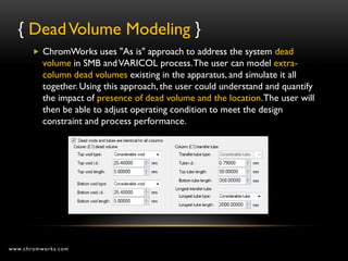 { Dead Volume Modeling }
        ChromWorks uses "As is" approach to address the system dead
          volume in SMB and VARICOL process. The user can model extra-
          column dead volumes existing in the apparatus, and simulate it all
          together. Using this approach, the user could understand and quantify
          the impact of presence of dead volume and the location. The user will
          then be able to adjust operating condition to meet the design
          constraint and process performance.




www.chromworks.com
 