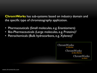 ChromWorks has sub-systems based on industry domain and
  the specific type of chromatography application.

  • Pharmaceuticals (Small molecules, e.g. Enantiomers)
  • Bio-Pharmaceuticals (Large molecules, e.g. Proteins)†
  • Petrochemicals (Bulk hydrocarbons, e.g. Xylenes)†




www.chromworks.com
 