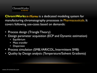 ChromWorks in Pharma is a dedicated modeling system for
  manufacturing chromatography processes in Pharmaceuticals. It
  covers following use-cases based on demands:

  • Process design (Triangle Theory)
  • Design parameter acquisition (ECP and Dynamic estimation)
        • Equilibrium
        • Mass transfer
        • Dispersion
  • Process simulation (SMB,VARICOL, Intermittent SMB)
  • Quality by Design analysis (Temperature/Solvent Gradients)



www.chromworks.com
 