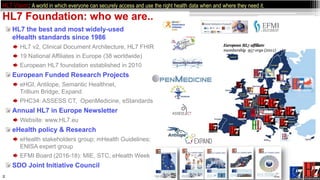 2
HL7 Foundation: who we are..
HL7 the best and most widely-used
eHealth standards since 1986
HL7 v2, Clinical Document Ar...