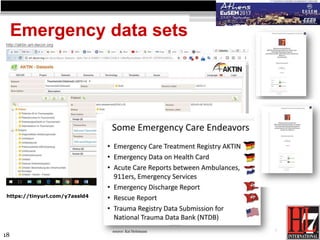 18
Emergency data sets
25.Sep.2017
Patient summaries in the Emergency Department
http://aktin.art-decor.org
source: Kai He...