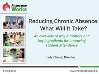 www.attendanceworks.org
Reducing Chronic Absence:
What Will It Take?
An overview of why it matters and
key ingredients for improving
student attendance
Spring 2014
Hedy Chang, Director
 