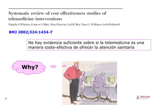 BMJ  2002;324:1434-7 No hay evidencia suficiente sobre si la telemedicina es una manera coste-efectiva de ofrecer la atención sanitaria Why? 