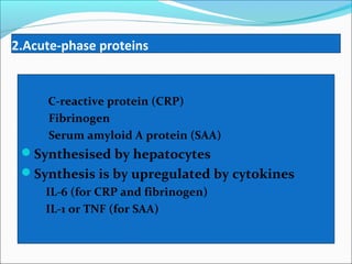 2.Acute-phase proteins


    C-reactive protein (CRP)
    Fibrinogen
    Serum amyloid A protein (SAA)
 Synthesised by hepatocytes
 Synthesis is by upregulated by cytokines
    IL-6 (for CRP and fibrinogen)
    IL-1 or TNF (for SAA)
 