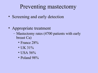 Preventing mastectomy Screening and early detection Appropriate treatment Mastectomy rates (4700 patients with early breast Ca) France 28% UK 31% USA 56% Poland 98% 