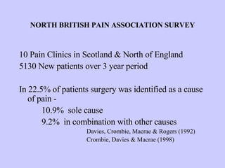 NORTH BRITISH PAIN ASSOCIATION SURVEY 10 Pain Clinics in Scotland & North of England 5130 New patients over 3 year period In 22.5% of patients surgery was identified as a cause of pain -  10.9%  sole cause  9.2%  in combination with other causes  Davies, Crombie, Macrae & Rogers (1992)  Crombie, Davies & Macrae (1998) 