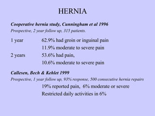 HERNIA Cooperative hernia study, Cunningham et al 1996 Prospective, 2 year follow up, 315 patients. 1 year  62.9% had groin or inguinal pain 11.9% moderate to severe pain 2 years  53.6% had pain,    10.6% moderate to severe pain Callesen, Bech & Kehlet 1999 Prospective, 1 year follow up, 93% response, 500 consecutive hernia repairs 19% reported pain,  6% moderate or severe Restricted daily activities in 6% 