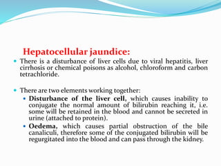 Hepatocellular jaundice:
 There is a disturbance of liver cells due to viral hepatitis, liver
cirrhosis or chemical poisons as alcohol, chloroform and carbon
tetrachloride.
 There are two elements working together:
 Disturbance of the liver cell, which causes inability to
conjugate the normal amount of bilirubin reaching it, i.e.
some will be retained in the blood and cannot be secreted in
urine (attached to protein).
 Oedema, which causes partial obstruction of the bile
canaliculi, therefore some of the conjugated bilirubin will be
regurgitated into the blood and can pass through the kidney.
 