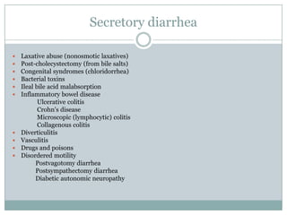 Secretory diarrhea












Laxative abuse (nonosmotic laxatives)
Post-cholecystectomy (from bile salts)
Congenital syndromes (chloridorrhea)
Bacterial toxins
Ileal bile acid malabsorption
Inflammatory bowel disease
Ulcerative colitis
Crohn's disease
Microscopic (lymphocytic) colitis
Collagenous colitis
Diverticulitis
Vasculitis
Drugs and poisons
Disordered motility
Postvagotomy diarrhea
Postsympathectomy diarrhea
Diabetic autonomic neuropathy

 