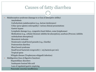 Causes of fatty diarrhea




Malabsorption syndrome (damage to or loss of absorptive ability)
Amyloidosis
Carbohydrate malabsorption (e.g., lactose intolerance)
Celiac sprue (gluten enteropathy)–various clinical presentations
Gastric bypass
Lymphatic damage (e.g., congestive heart failure, some lymphomas)
Medications (e.g., orlistat [Xenical; inhibits fat absorption], acarbose [Precose; inhibits
carbohydrate absorption])
Mesenteric ischemia
Noninvasive small bowel parasite (e.g., Giardia)
Postresection diarrhea
Short bowel syndrome
Small bowel bacterial overgrowth (> 105 bacteria per mL)
Tropical sprue
Whipple disease (Tropheryma whippelii infection)
Maldigestion (loss of digestive function)
Hepatobiliary disorders
Inadequate luminal bile acid
Loss of regulated gastric emptying
Pancreatic exocrine insufficiency

 