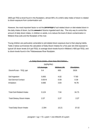 2600 ppt-TEQ (a level found in the floodplain), almost 95% of a child’s daily intake of dioxin is related to dioxin exposure from contamination soil.  However, the most important factor is not the percentage of soil related dioxin or diet-related dioxin in the daily intake of dioxin, but the amount of dioxins ingested each day.  The only way to control the amount of daily dioxin intake, in children or adults, is to reduce the level of dioxin contamination in Midland Area soils and the floodplain of the river.  Young children are particularly vulnerable to soil-related dioxin exposure due to their playing habits. Table 2 below summarizes the calculation of Daily Dioxin Intakes for a five year old child exposed to typical US dioxin levels (9.4 ppt-TEQ), to average dioxin levels found in Midland (~600 ppt-TEQ), and to dioxin levels found in the Tittabawassee River floodplain.  2. Daily Dioxin Intake - Five Year Old Children  (pg/kg/day)  US Average  Midland, MI  Floodplain  Dioxin/Furan - TEQ, ppt  9.4  600  2626  Soil Ingestion  0.063  4.02  17.60  Soil Dermal Contact  0.0014  0.09  0.39  Inhalation  0.060  3.83  16.76  Total Soil-Related Intake  0.124  7.94  34.75  Total Dietary Dioxin Intake  2.27  2.27  2.27  Total Daily Dioxin Intake  2.394  10.21  37.02  picogram = pg = 10 -12  gram = one trillionth of a gram  3  