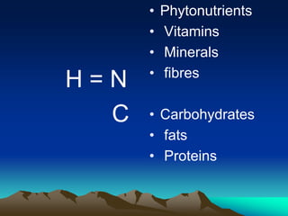 • Phytonutrients
• Vitamins
• Minerals
• fibres
• Carbohydrates
• fats
• Proteins
H = N
C
 