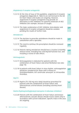 Angiotensin II receptor antagonists

              1.2.2.12 At the time of issue of this guideline, angiotensin II receptor      A
                       antagonists (Appendix D, Table E) are not licensed in the UK
                       for heart failure and studies are ongoing. However,
                       angiotensin II receptor antagonists may provide an
                       alternative to ACE inhibitors for patients intolerant of ACE
                       inhibitors (for example, because of cough).

              1.2.2.13 The triple combination of ACE inhibitor, beta-blocker and           GPP
                       angiotensin II receptor antagonist should be avoided,
                       pending the results of further trials.

              Amiodarone

              1.2.2.14 The decision to prescribe amiodarone should be made in              GPP
                       consultation with a specialist.

              1.2.2.15 The need to continue the prescription should be reviewed            GPP
                       regularly.

              1.2.2.16 Patients taking amiodarone should have a routine 6-monthly          GPP
                       clinical review, including liver and thyroid function test, and
                       including a review of side effects.

              Anticoagulants

              1.2.2.17 Anticoagulation is indicated for patients with the                   A
                       combination of heart failure and atrial fibrillation (see also
                       page 16).

              1.2.2.18 In patients with heart failure in sinus rhythm, anticoagulation     GPP
                       should be considered for those with a history of
                       thromboembolism, left ventricular aneurysm, or intracardiac
                       thrombus.

              Aspirin

              1.2.2.19 Aspirin (75–150 mg once daily) should be prescribed for              B
                       patients with the combination of heart failure and
                       atherosclerotic arterial disease (including coronary heart
                       disease).

              Statins (hydroxymethylglutaryl-coenzyme A reductase inhibitors)

              1.2.2.20 Patients with the combination of heart failure and known            GPP
                       atherosclerotic vascular disease should receive statins only in
                       accordance with current indications. Specific trials in this area
                       are ongoing.


12   NICE Guideline – Chronic heart failure
 