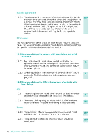 Diastolic dysfunction

              1.2.5.3 The diagnosis and treatment of diastolic dysfunction should     GPP
                      be made by a specialist, and other conditions that present in
                      a similar way may need to be considered. Patients in whom
                      this diagnosis has been made should usually be treated with
                      a low to medium dose of loop diuretics (for example, less
                      than 80 mg furosemide per day). Patients who do not
                      respond to this treatment will require further specialist
                      advice.

              Other causes

              The management of other causes of heart failure requires specialist
              input. This would include congenital heart disease, cardiomyopathies,
              and specific heart muscle disease such as amyloid.


              1.2.6 Recommendations for patients with heart failure and atrial
                    fibrillation

              1.2.6.1 For patients with heart failure and atrial fibrillation,         C
                      specialist advice should be sought as to whether the aim is
                      improvement of heart rate control or cardioversion (return
                      to sinus rhythm).

              1.2.6.2 Anticoagulation is indicated for patients with heart failure    A
                      and atrial fibrillation (see also anticoagulation section,
                      page 12).

              1.2.7 Recommendations for different subgroups of patients with
                    heart failure

              Age

              1.2.7.1 The management of heart failure should be determined by         A
                      clinical criteria, irrespective of the age of the patient.

              1.2.7.2 Tolerance of drugs may be lower and side effects require        GPP
                      closer and more frequent monitoring in older patients.

              Gender

              1.2.7.3 The principles of pharmacological management of heart           GPP
                      failure should be the same for men and women.

              1.2.7.4 The potential teratogenic effects of drugs should be            GPP
                      considered.




16   NICE Guideline – Chronic heart failure
 