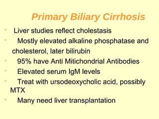 Primary Biliary Cirrhosis
• Liver studies reflect cholestasis
• Mostly elevated alkaline phosphatase and
  cholesterol, later bilirubin
• 95% have Anti Mitichondrial Antibodies
• Elevated serum IgM levels
• Treat with ursodeoxycholic acid, possibly
 MTX
• Many need liver transplantation
 