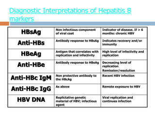 Diagnostic Interpretations of Hepatitis B
markers
HBsAg Non infectious component
of viral coat
Indicator of disease. If > 6
months: chronic HBV
Anti-HBs Antibody response to HBsAg Indicates recovery and/or
immunity
HBeAg Antigen that correlates with
replication and infectivity
High level of infectivity and
replication
Anti-HBe Antibody response to HBeAg Decreasing level of
replication
Remission/resolution
Anti-HBc IgM Non protective antibody to
the HBcAg
Recent HBV infection
Anti-HBc IgG As above Remote exposure to HBV
HBV DNA Replictative genetic
material of HBV; infectious
agent
Viral replication and
continues infection
 