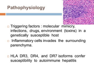 Pathophysiology
 Triggering factors : molecular mimicry,
infections, drugs, environment (toxins) in a
genetically susceptible host
 Inflammatory cells invades the surrounding
parenchyma.
 HLA DR3, DR4, and DR7 isoforms confer
susceptibility to autoimmune hepatitis
 