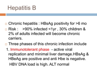 Hepatitis B
 Chronic hepatitis : HBsAg positivity for >6 mo
 Risk : >90% infected <1yr , 30% children &
2% of adults infected will become chronic
carriers.
 Three phases of this chronic infection include
1. Immunotolerant phase - active viral
replication and minimal liver damage.HBsAg &
HBeAg are positive and anti Hbe is negative.
HBV DNA load is high. ALT normal
 