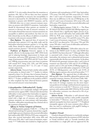 HEPATOLOGY, Vol. 50, No. 3, 2009                                                          AASLD PRACTICE GUIDELINES        19



rtM250.236 In vitro studies showed that the mutations at       of patients with normalization of ALT than lamivudine:
positions 184, 202 or 250 on their own have minimal            77% versus 75% (NS) and 70% versus 62% (P 0.05)
effect on susceptibility to entecavir, but susceptibility to   after 1 and 2 years of treatment, respectively. However,
entecavir is decreased by 10 –250-fold when one of these       there was no difference in the rate of HBeAg loss at the
mutations is present with M204V/I mutation, and by             end of 1 and 2 years of treatment: 26% versus 23%, and
   500-fold when two or more entecavir-resistant muta-         35% versus 29% of patients who received telbivudine and
tions are present with M204V/I mutations. Lamivudine           lamivudine, respectively.
should be discontinued when patients are switched to              2. HBeAg-negative patients (Table 9) — The Phase
entecavir to decrease the risk of entecavir resistance. In     III clinical trial which included 446 HBeAg-negative pa-
vitro studies showed that entecavir-resistant mutations are    tients showed that a signiﬁcantly higher percent of pa-
susceptible to adefovir and tenofovir, but there are very      tients who received telbivudine had undetectable HBV
little clinical data on the efﬁcacy of adefovir or tenofovir   DNA by PCR assay compared to those who received
in patients with entecavir-resistant HBV.                      lamivudine: 88% versus 71% and 82% versus 57%, after
    Dose Regimen. The approved dose of entecavir for           1 and 2 years of treatment, respectively.239,240 Normaliza-
nucleoside-naıve patients is 0.5 mg daily orally and for
                ¨                                              tion of ALT was observed in: 74% versus 79% and 78%
lamivudine-refractory/resistant patients is 1.0 mg daily       versus 70% after 1 and 2 years of telbivudine and lamivu-
orally Doses should be adjusted for patients with esti-        dine treatment, respectively.
mated creatinine clearance 50 mL/min (Table 10c).                 Telbivudine Resistance. Telbivudine selects for mu-
    Predictors of Response. Entecavir appears to be            tations in the YMDD motif. To date, only M204I (but
equally effective in decreasing serum HBV DNA levels           not M204V) has been observed.238 Although telbivudine
and in inducing histologic improvement in Asians and           is associated with a lower rate of drug resistance than
Caucasians, and across HBV genotypes A-D and a wide            lamivudine, the resistance rate is substantial and increases
range of pretreatment HBV DNA and ALT levels. How-             exponentially after the ﬁrst year of treatment. In the phase
ever, HBeAg seroconversion rates were lower in patients        III clinical trial, genotypic resistance after 1 and 2 years of
with normal ALT, being 12%, 23%, and 39% among                 treatment was observed in 5.0% and 25.1% of HBeAg-
those with pretreatment ALT 2, 2-5, and 5 times                positive and in 2.3% and 10.8% of HBeAg-negative pa-
normal, respectively.                                          tients who received telbivudine compared to 11.0% and
    Adverse Events. Entecavir had a similar safety proﬁle      39.5% of HBeAg-positive and 10.7% and 25.9% of
as lamivudine in clinical trials.226,229 Studies in rodents    HBeAg-negative patients who received lamivudine.239,240
exposed to doses 3 to 40 times that in humans found an            Dose Regimen. The approved dose of telbivudine is
increased incidence of lung adenomas, brain gliomas and        600 mg daily. Doses should be adjusted for patients with
HCCs.237 To date, no difference in the incidence of HCC        estimated creatinine clearance 50 mL/min (Table 10d).
or other neoplasm has been observed between patients              Predictors of Response. Preliminary data suggest
who received entecavir versus lamivudine.                      that week 24 virologic response was the most impor-
                                                               tant predictor of virologic and biochemical responses as
L-deoxythymidine (Telbivudine/LdT, Tyzeka)                     well as resistance at week 96.242 However, even among
   Telbivudine is an L-nucleoside analogue with potent         patients with undetectable HBV DNA by PCR at week
antiviral activity against HBV. Clinical trials showed that    24, telbivudine resistance was observed in 4% of pa-
telbivudine is more potent than lamivudine in suppress-        tients by week 96.
ing HBV replication.238-241 However, telbivudine is asso-         Adverse Events. Telbivudine is well tolerated when
ciated with a high rate of resistance and telbivudine-         used as monotherapy and has a safety proﬁle comparable
resistant mutations are cross-resistant with lamivudine.       to lamivudine.238 However, cases of myopathy and pe-
Therefore, telbivudine monotherapy has a limited role in       ripheral neuropathy have been reported.239,240 Peripheral
the treatment of hepatitis B.                                  neuropathy appears to be more common when telbivu-
   Efﬁcacy in Various Categories of Patients.                  dine was used in combination with pegIFN leading to
   1. HBeAg-positive patients (Table 8) — A Phase III          termination of that clinical trial.243
clinical trial involving 921 patients showed that a signiﬁ-
cantly higher percent of patients who received telbivudine     Tenofovir (Viread)
had undetectable HBV DNA by PCR assay compared to                 Tenofovir disoproxil fumarate is a nucleotide analogue
those who received lamivudine: 60% versus 40% and              that was ﬁrst approved for the treatment of HIV infection
56% versus 39%, after 1 and 2 years of treatment, respec-      as Viread (tenofovir only) or Truvada (tenofovir plus
tively.239,240 Telbivudine also resulted in a higher percent   emtricitabine as a single pill) and was approved for the
 
