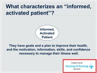 What characterizes an “informed,
activated patient”?
Informed,
Activated
Patient
They have goals and a plan to improve their health,
and the motivation, information, skills, and confidence
necessary to manage their illness well.
 