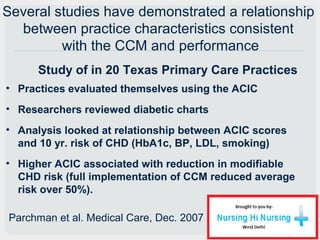 Study of in 20 Texas Primary Care Practices
• Practices evaluated themselves using the ACIC
• Researchers reviewed diabetic charts
• Analysis looked at relationship between ACIC scores
and 10 yr. risk of CHD (HbA1c, BP, LDL, smoking)
• Higher ACIC associated with reduction in modifiable
CHD risk (full implementation of CCM reduced average
risk over 50%).
Parchman et al. Medical Care, Dec. 2007
Several studies have demonstrated a relationship
between practice characteristics consistent
with the CCM and performance
 