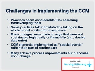 Challenges in Implementing the CCM
• Practices spent considerable time searching
for/developing tools
• Some practices fel...