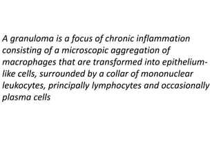 A granuloma is a focus of chronic inflammation
consisting of a microscopic aggregation of
macrophages that are transformed into epithelium-
like cells, surrounded by a collar of mononuclear
leukocytes, principally lymphocytes and occasionally
plasma cells
 