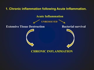 1. Chronic inflammation following Acute Inflammation.
Extensive Tissue Destruction Bacterial survival
Acute Inflammation
UNRESOLVED
CHRONIC INFLAMMATION
 