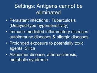 Settings: Antigens cannot be
eliminated
• Persistent infections : Tuberculosis
(Delayed-type hypersensitivity)
• Immune-mediated inflammatory diseases :
autoimmune diseases & allergic diseases
• Prolonged exposure to potentially toxic
agents: Silica
• Alzheimer disease, atherosclerosis,
metabolic syndrome
 