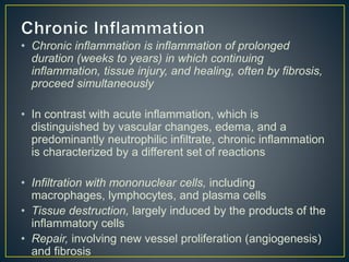 • Chronic inflammation is inflammation of prolonged
duration (weeks to years) in which continuing
inflammation, tissue injury, and healing, often by fibrosis,
proceed simultaneously
• In contrast with acute inflammation, which is
distinguished by vascular changes, edema, and a
predominantly neutrophilic infiltrate, chronic inflammation
is characterized by a different set of reactions
• Infiltration with mononuclear cells, including
macrophages, lymphocytes, and plasma cells
• Tissue destruction, largely induced by the products of the
inflammatory cells
• Repair, involving new vessel proliferation (angiogenesis)
and fibrosis
 