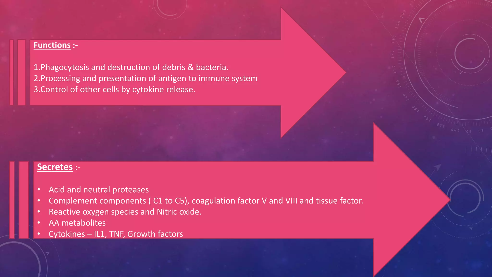 Functions :-
1.Phagocytosis and destruction of debris & bacteria.
2.Processing and presentation of antigen to immune system
3.Control of other cells by cytokine release.
Secretes :-
• Acid and neutral proteases
• Complement components ( C1 to C5), coagulation factor V and VIII and tissue factor.
• Reactive oxygen species and Nitric oxide.
• AA metabolites
• Cytokines – IL1, TNF, Growth factors
 