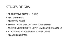 STAGES OF GBS
• PROGRESSIVE PHASE : , 6 WKS
• PLATEAU PHASE
• RECOVERY PHASE
• SYMMETRICAL WEAKNESS OF LOWER LIMBS
• ASCENDING SPREAD TO UPPER LIMBS AND CRANIAL NS
• HYPOTONIA, HYPOREFLEXIA LOWER LIMBS
• PLANTERS NORMAL
 