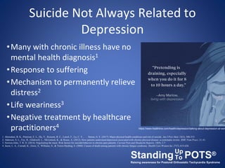 Suicide Not Always Related to
Depression
•Many with chronic illness have no
mental health diagnosis1
•Response to sufferin...