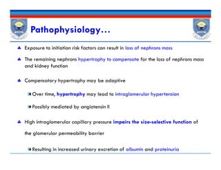  Exposure to initiation risk factors can result in loss of nephrons mass
 The remaining nephrons hypertrophy to compensate for the loss of nephrons mass
and kidney function
 Compensatory hypertrophy may be adaptive
Over time, hypertrophy may lead to intraglomerular hypertension
Possibly mediated by angiotensin II
 High intraglomerular capillary pressure impairs the size-selective function of
the glomerular permeability barrier
Resulting in increased urinary excretion of albumin and proteinuria
Pathophysiology…
 Exposure to initiation risk factors can result in loss of nephrons mass
 The remaining nephrons hypertrophy to compensate for the loss of nephrons mass
and kidney function
 Compensatory hypertrophy may be adaptive
Over time, hypertrophy may lead to intraglomerular hypertension
Possibly mediated by angiotensin II
 High intraglomerular capillary pressure impairs the size-selective function of
the glomerular permeability barrier
Resulting in increased urinary excretion of albumin and proteinuria
 