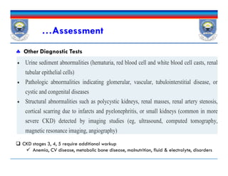  Urine sediment abnormalities (hematuria, red blood cell and white blood cell casts, renal
tubular epithelial cells)
 Pathologic abnormalities indicating glomerular, vascular, tubulointerstitial disease, or
cystic and congenital diseases
 Structural abnormalities such as polycystic kidneys, renal masses, renal artery stenosis,
cortical scarring due to infarcts and pyelonephritis, or small kidneys (common in more
severe CKD) detected by imaging studies (eg, ultrasound, computed tomography,
magnetic resonance imaging, angiography)
 Other Diagnostic Tests
…Assessment
 Urine sediment abnormalities (hematuria, red blood cell and white blood cell casts, renal
tubular epithelial cells)
 Pathologic abnormalities indicating glomerular, vascular, tubulointerstitial disease, or
cystic and congenital diseases
 Structural abnormalities such as polycystic kidneys, renal masses, renal artery stenosis,
cortical scarring due to infarcts and pyelonephritis, or small kidneys (common in more
severe CKD) detected by imaging studies (eg, ultrasound, computed tomography,
magnetic resonance imaging, angiography)
 CKD stages 3, 4, 5 require additional workup
 Anemia, CV disease, metabolic bone disease, malnutrition, fluid & electrolyte, disorders
 
