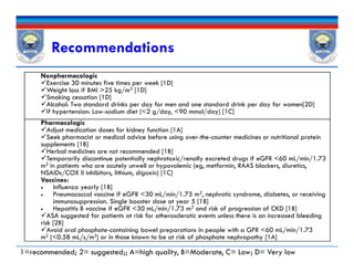 Recommendations
Nonpharmacologic
Exercise 30 minutes five times per week [1D]
Weight loss if BMI >25 kg/m2 [1D]
Smoking cessation [1D]
Alcohol: Two standard drinks per day for men and one standard drink per day for women[2D]
If hypertension: Low-sodium diet (<2 g/day, <90 mmol/day) [1C]
Pharmacologic
Adjust medication doses for kidney function [1A]
Seek pharmacist or medical advice before using over-the-counter medicines or nutritional protein
supplements [1B]
Herbal medicines are not recommended [1B]
Temporarily discontinue potentially nephrotoxic/renally excreted drugs if eGFR <60 mL/min/1.73
m2 in patients who are acutely unwell or hypovolemic (eg, metformin, RAAS blockers, diuretics,
NSAIDs/COX II inhibitors, lithium, digoxin) [1C]
Vaccines:
 Influenza yearly [1B]
 Pneumococcal vaccine if eGFR <30 mL/min/1.73 m2, nephrotic syndrome, diabetes, or receiving
immunosuppression. Single booster dose at year 5 [1B]
 Hepatitis B vaccine if eGFR <30 mL/min/1.73 m2 and risk of progression of CKD [1B]
ASA suggested for patients at risk for atherosclerotic events unless there is an increased bleeding
risk [2B]
Avoid oral phosphate-containing bowel preparations in people with a GFR <60 mL/min/1.73
m2 (<0.58 mL/s/m2) or in those known to be at risk of phosphate nephropathy [1A]
Pharmacologic
Adjust medication doses for kidney function [1A]
Seek pharmacist or medical advice before using over-the-counter medicines or nutritional protein
supplements [1B]
Herbal medicines are not recommended [1B]
Temporarily discontinue potentially nephrotoxic/renally excreted drugs if eGFR <60 mL/min/1.73
m2 in patients who are acutely unwell or hypovolemic (eg, metformin, RAAS blockers, diuretics,
NSAIDs/COX II inhibitors, lithium, digoxin) [1C]
Vaccines:
 Influenza yearly [1B]
 Pneumococcal vaccine if eGFR <30 mL/min/1.73 m2, nephrotic syndrome, diabetes, or receiving
immunosuppression. Single booster dose at year 5 [1B]
 Hepatitis B vaccine if eGFR <30 mL/min/1.73 m2 and risk of progression of CKD [1B]
ASA suggested for patients at risk for atherosclerotic events unless there is an increased bleeding
risk [2B]
Avoid oral phosphate-containing bowel preparations in people with a GFR <60 mL/min/1.73
m2 (<0.58 mL/s/m2) or in those known to be at risk of phosphate nephropathy [1A]
1=recommended; 2= suggested;; A=high quality, B=Moderate, C= Low; D= Very low
 