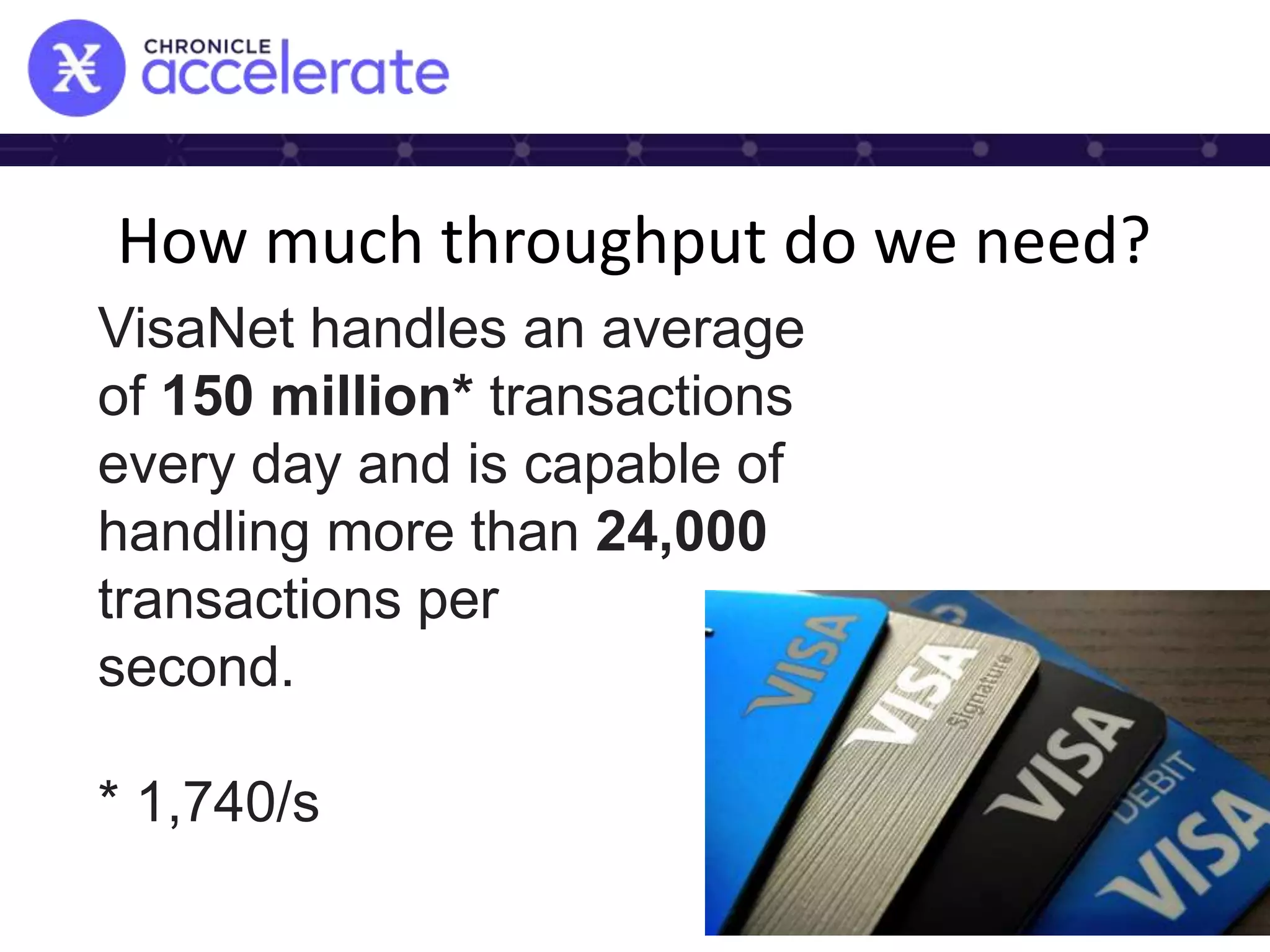 How much throughput do we need?
VisaNet handles an average
of 150 million* transactions
every day and is capable of
handling more than 24,000
transactions per
second.
* 1,740/s
 