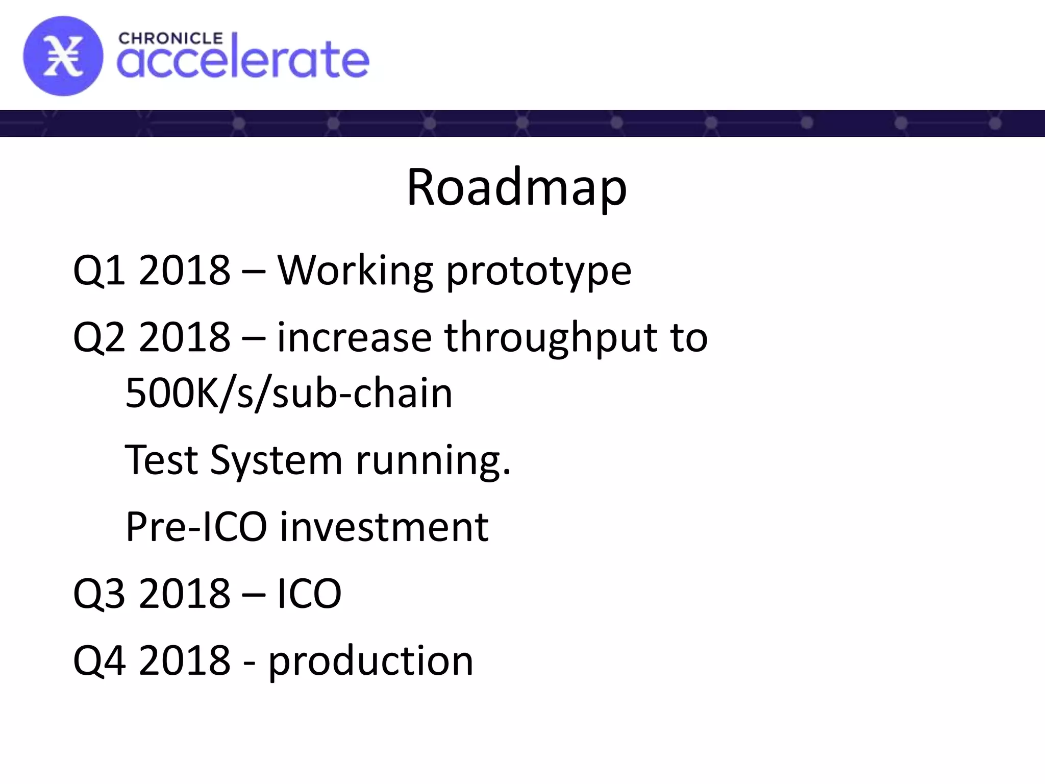 Roadmap
Q1 2018 – Working prototype
Q2 2018 – increase throughput to
500K/s/sub-chain
Test System running.
Pre-ICO investment
Q3 2018 – ICO
Q4 2018 - production
 