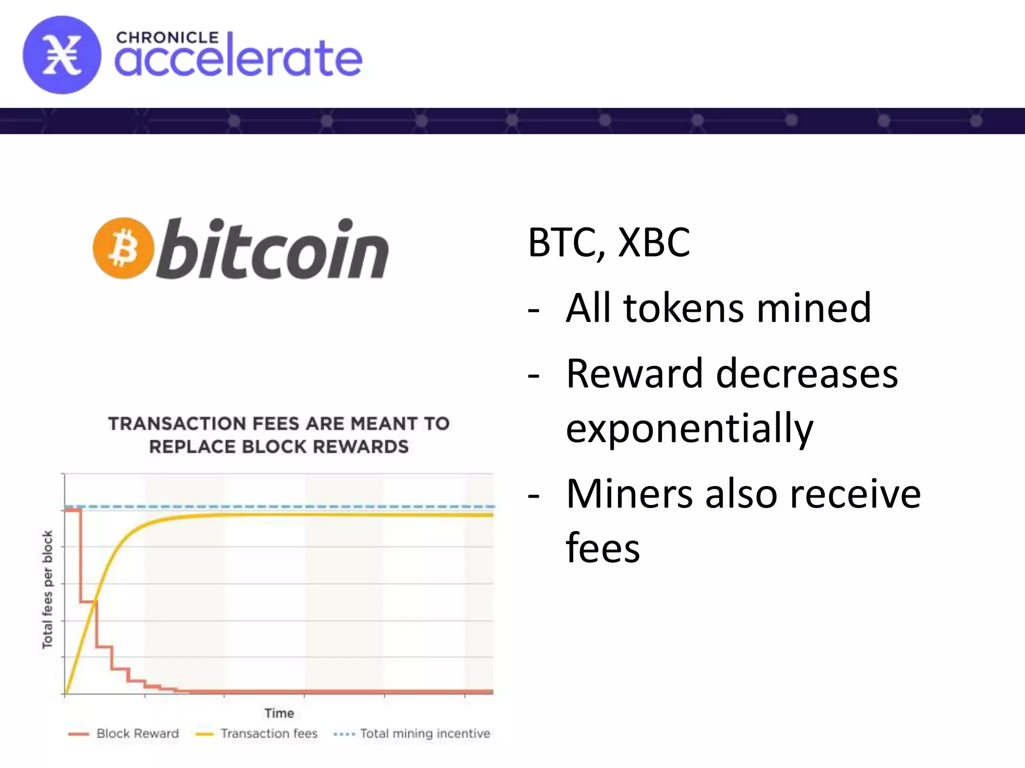 BTC, XBC
- All tokens mined
- Reward decreases
exponentially
- Miners also receive
fees
 