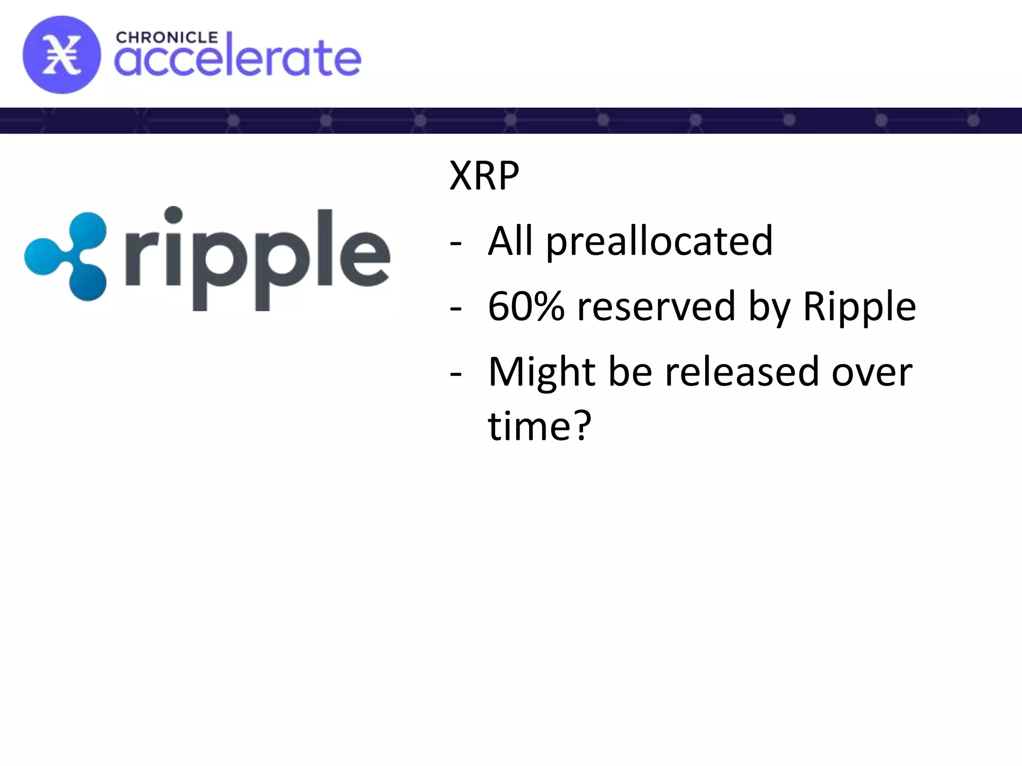 XRP
- All preallocated
- 60% reserved by Ripple
- Might be released over
time?
 