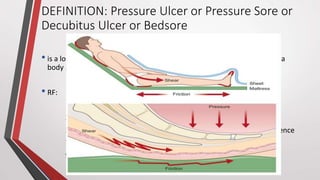 DEFINITION: Pressure Ulcer or Pressure Sore or
Decubitus Ulcer or Bedsore
• is a localized injury to the skin and other underlying tissue, usually over a
body prominence, as a result of prolonged unrelieved pressure.
• RF:
1. Friction 2. Shear
3. Impaired Sensory Perception 4. Impaired Physical Mobility
5. Altered Level Of Consciousness 6. Fecal And Urinary Incontinence
7. Malnutrition 8. Dehydration
9. Excessive Body Heat 10.Advanced Age
11.Chronic Medical Conditions- Diabetes, Cardiovascular Diseases.
 