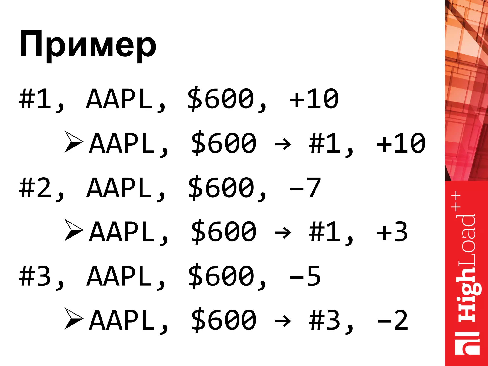 Пример
#1, AAPL, $600, +10
AAPL, $600 → #1, +10
#2, AAPL, $600, −7
AAPL, $600 → #1, +3
#3, AAPL, $600, −5
AAPL, $600 → #3, −2
 