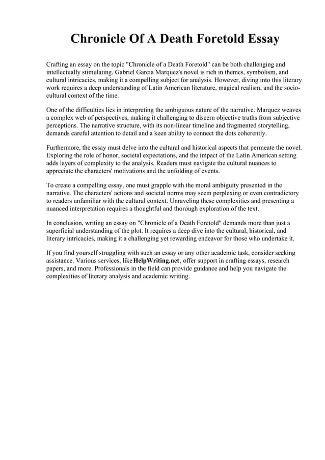 Chronicle Of A Death Foretold Essay. Montefiore School of Nursing PDF